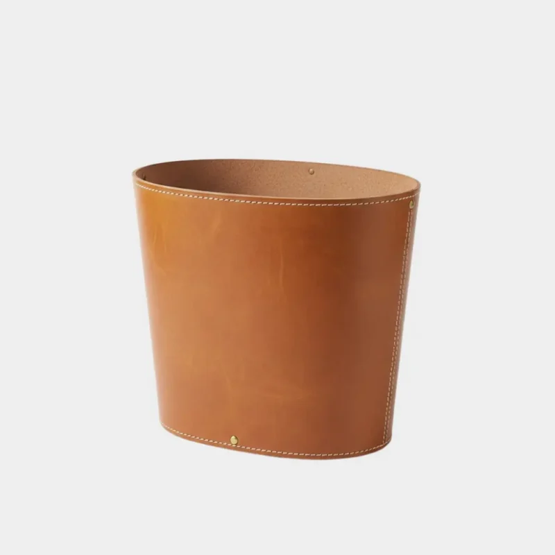 Handmade genuine leather wastebasket in tan brown with white stitching