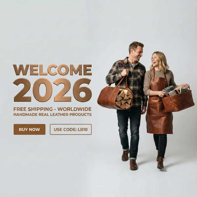 Welcome 2026 Mobile Sale: Handmade real leather products. Man and woman carrying leather log carrier and woven basket. Free Worldwide Shipping. Use Code: LB10.
